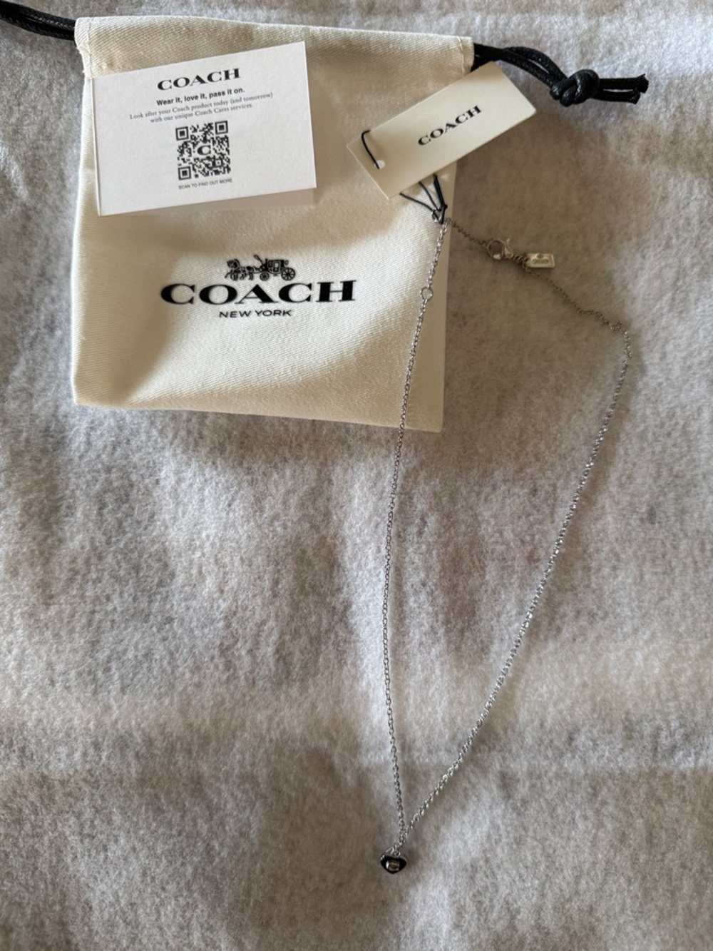 Coach Silver Heart Pendant Necklace with Cream Logo Pouch